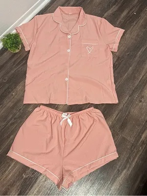 SHEIN Pink Short Sleeve Pajama Set with White Piping thumbnail 3