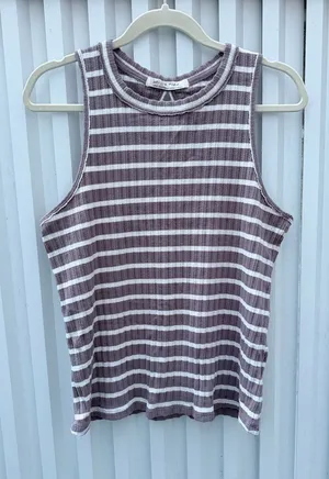Free People We The Free Dusty Purple Striped Ribbed Keyhole Tank Top L thumbnail 1