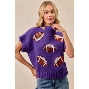 ✨NWT‎ BiBi Gameday Sequin Football Patches Rib Banded Sweater thumbnail 2