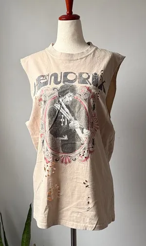 Goodie Two Sleeves Women's Sleeveless Muscle Tee in Light Beige Hendrix Graphic Distressed Tank thumbnail 1