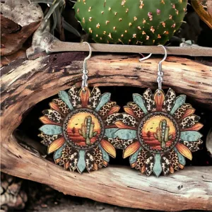 Sunflower shaped pendant drop‎ leopard pattern wooden hook earrings thumbnail 3
