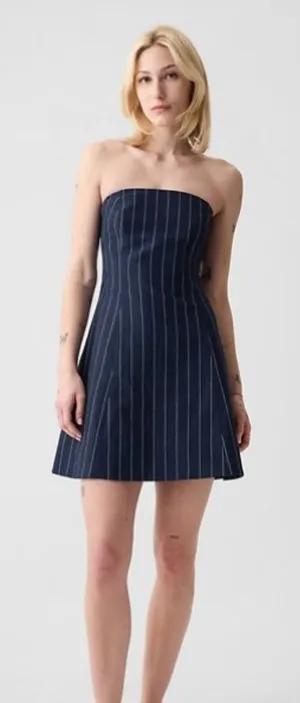 Navy Pinstripe Mini Dress | Denim Look Fit & Flare Dress thumbnail 1