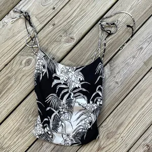 Reformation Women's Black & White Palm Print Strappy Crop Top Size 4 thumbnail 1