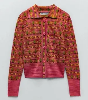 ZARA Cactus Flower Jacquard Knit Lightweight Cardigan‎ Sweater Jacket Size Small thumbnail 1