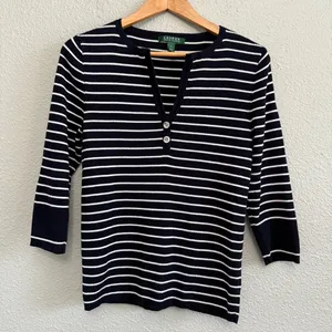 Ralph‎ Lauren Black and White Striped Sweater Top Size Large V-neck thumbnail 1