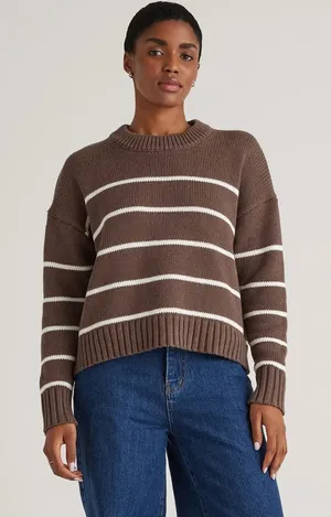 QUINCE 100% Organic Cotton Striped Crew Sweater Heather Brown Ivory Medium thumbnail 1