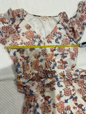 Boho Floral V-Neck Tiered Midi Dress - White with Rust & Blue thumbnail 7