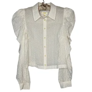 Maeve Anthropologie M White Gingham Seersucker Button-Front Long Puff Sleeve thumbnail 8