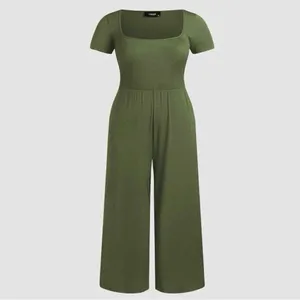 Cider Jumpsuit Square Scoop‎ Neck Wide Leg Short Sleeve Olive Green 0XL 12 14 thumbnail 14