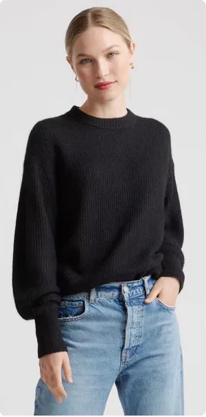 Quince Womens Black Baby Alpaca Wool Blend Minimalist‎ Ribbed Crewneck Sweater L thumbnail 1