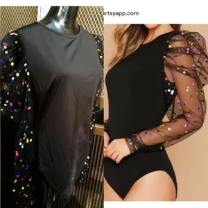 - New puff sleeves statement top sheer sleeves polka dot print bodysuit L thumbnail 2