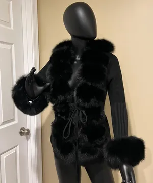 Real fox fur cardigan genuine fur collar trench coat parka jacket wool cape blazer thumbnail 6