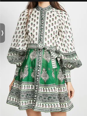 NWOT Zimmermann Green and White Printed Balloon-Sleeve Mini Dress thumbnail 2