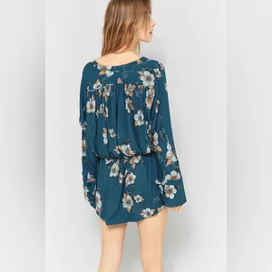 Free People Tuscan Dream Floral Tunic Dress V neck Blouse Teal Long Sleeve Femme thumbnail 4