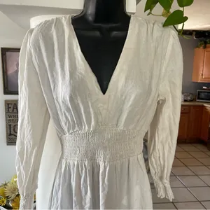 Zara linen blend dress long sleeve white ivory size M smocked ruffle thumbnail 2