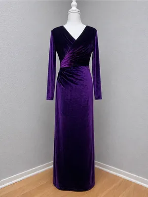 #678 Purple Velvet deep v neckline. Faux wrap-style maxi dress thumbnail 3