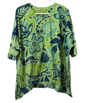 Jess & Jane Shirt Women Size Medium Asymmetrical Green Floral Lightweight‎ Beach thumbnail 1