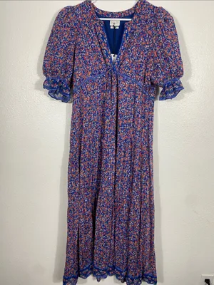 SAYLOR Blue Multi Floral Puff-Sleeve Maxi Dress Size L 90% Viscose thumbnail 3