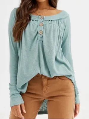 Free People Must Have Henley Top Waffle Knit Long Sleeve Shirt Size Small thumbnail 1
