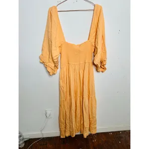 LOUNA Orange Square Neckline Puff Sleeves Chic Flowy Midi Dress size Medium thumbnail 4