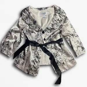 Victor Costa Silver Black Floral‎ Brocade Ruffle Collar Belted Evening Jacket 6 thumbnail 1