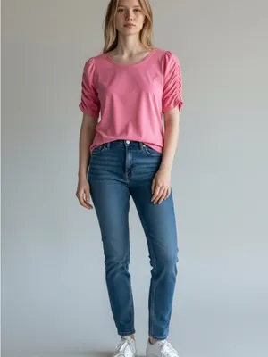 Kate Spade Pink Ruched Puff-Sleeve Short Sleeve Tee large thumbnail 2