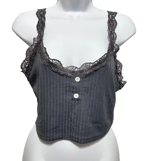 Y2K Women Coquette Grunge Ribbed Lace‎ Trim Tank S Grey Henley Fairy Crop Top thumbnail 1