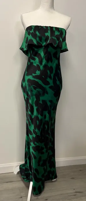 Forever 21 Women’s green black maxi dress ruffle strapless size small gown thumbnail 1