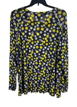 LOGO Lori Goldstein SmileyWorld 4X Smiley Face Tunic Soft Mesh Top Black Yellow thumbnail 1