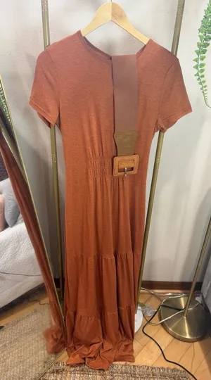 Size M Rust Maxi Dress with Stretch Waist & Statement Belt thumbnail 1