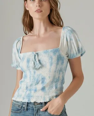 Lucky Brand Short Sleeve Boho‎ Blue & Off White Smocked Top Size M thumbnail 1