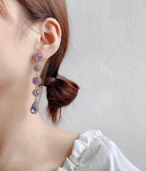 Women's Purple Crystal Teardrop Long Dangle Drop Earrings thumbnail 3