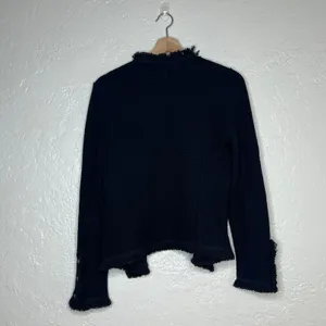 NIC+ZOE Womens Black Fringe Trim Open Front Knit Jacket XS Snap Cuff Pocket thumbnail 5
