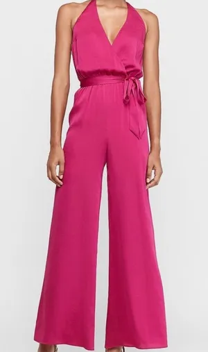 Express‎ silk feeling fuscia purple pink jumpsuit size large thumbnail 1