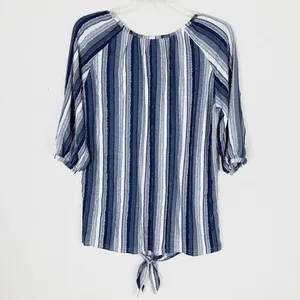 Rain Chambray Blue Striped Knot Hem Half Sleeve Blouse Blue Size M thumbnail 5