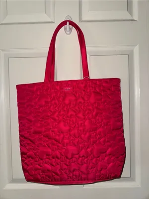 Kate Spade Fragrance Red Heart Tote Shoulder Handbag Quilted Canvas Lightweight thumbnail 6