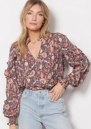 Evereve Clara Floral Paisley Long Sleeve V Neck Blouse/Top M Ruffle Trim Career thumbnail 1