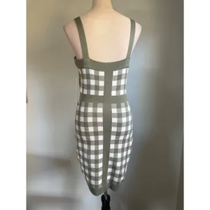 Coco and Shay Olive Green Gingham Knit Bodycon Dress Gold Buttons M NWT dainty thumbnail 6