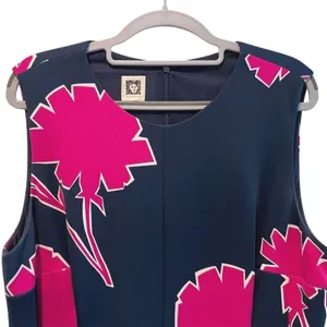 Anne Klein Dress‎ Navy Blue Pink Floral Scuba Sleeveless Sheath Womens Large thumbnail 2
