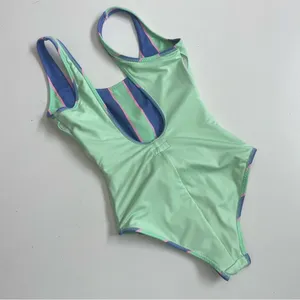 Fabletics Swimsuit Leotard Striped Tie Front Back Scoop Back Green Blue Pink thumbnail 10