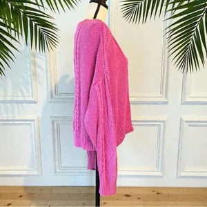 POL Medium Hot Pink Cable Knit V-Neck Sweater – Flamingo Vintage Washed Look thumbnail 3