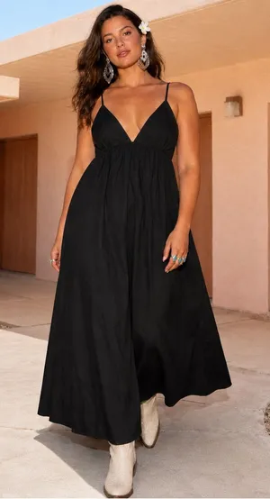 Commense Black Coastal Cowgirl Maxi Cotton Dress XL Deep V Open Back Western thumbnail 1