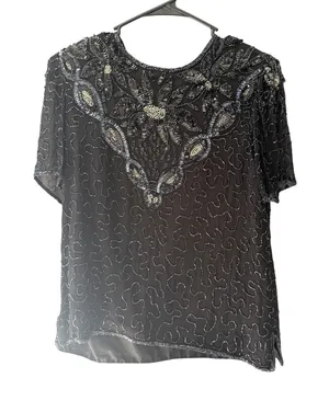 Sweelo Vintage Black Silk Beaded Sequin Floral Evening Top Short‎ Sleeve Medium thumbnail 1