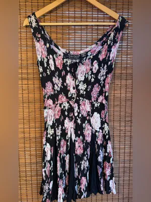 Vintage Neo Nostalgia Black Pink Floral Crinkle Mini Dress Small thumbnail 2