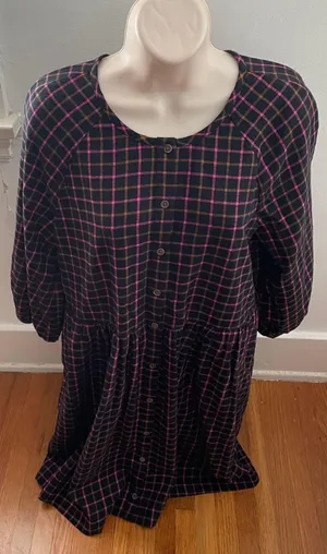 Madewell Plaid Flannel Pink Black Raglan Button Front Shirt Dress with Pockets, size 0 thumbnail 12