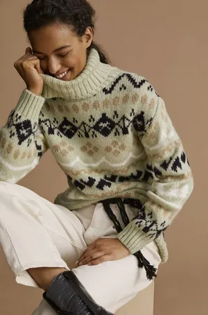 Anthropologie Fair Isle Mint Green Turtleneck Tunic Chunky Sweater - Size M thumbnail 1