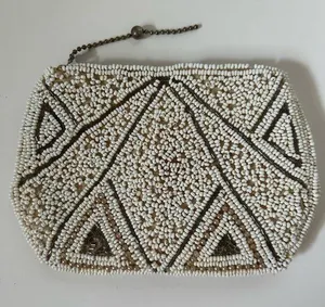 Vintage Beaded Clutch in Cream and Brown thumbnail 1