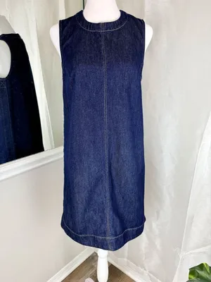 Madewell Denim Shift Dress Womens Size 2 100% Cotton Sleeveless Blue Midi thumbnail 2