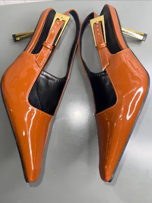 Ding Xiang Pointed Patent Slingback Heels in Cognac by thumbnail 1
