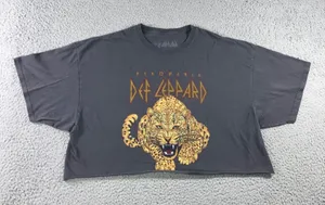 Def Leppard‎ Graphic T-Shirt S/M Oversized Pyromania Leopard Raw Hem Crop Top thumbnail 1